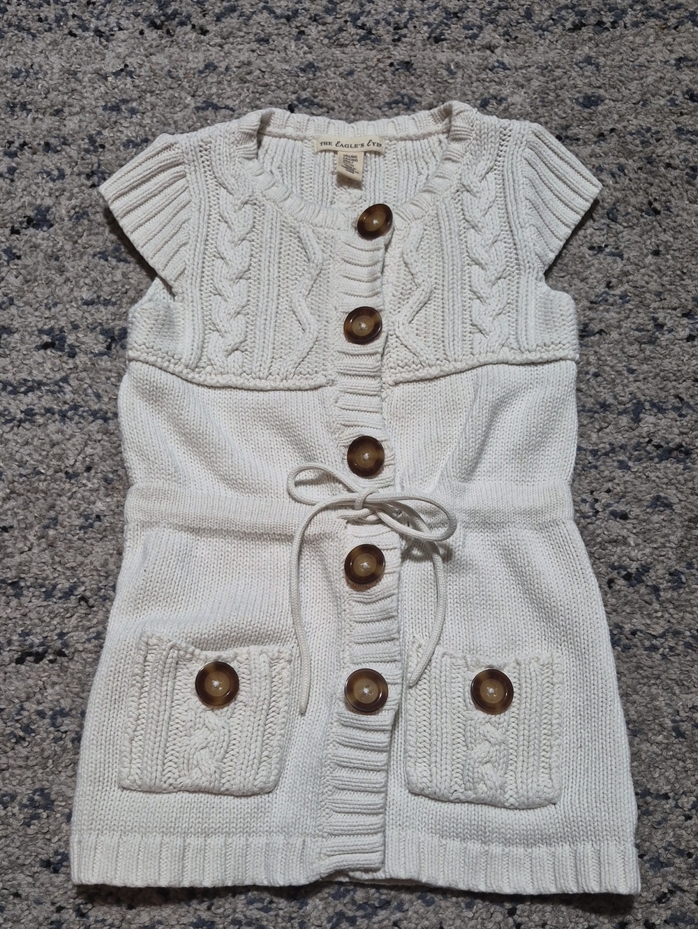 Cream Cable-Knit Buttoned Kids Dress with Tie Waist